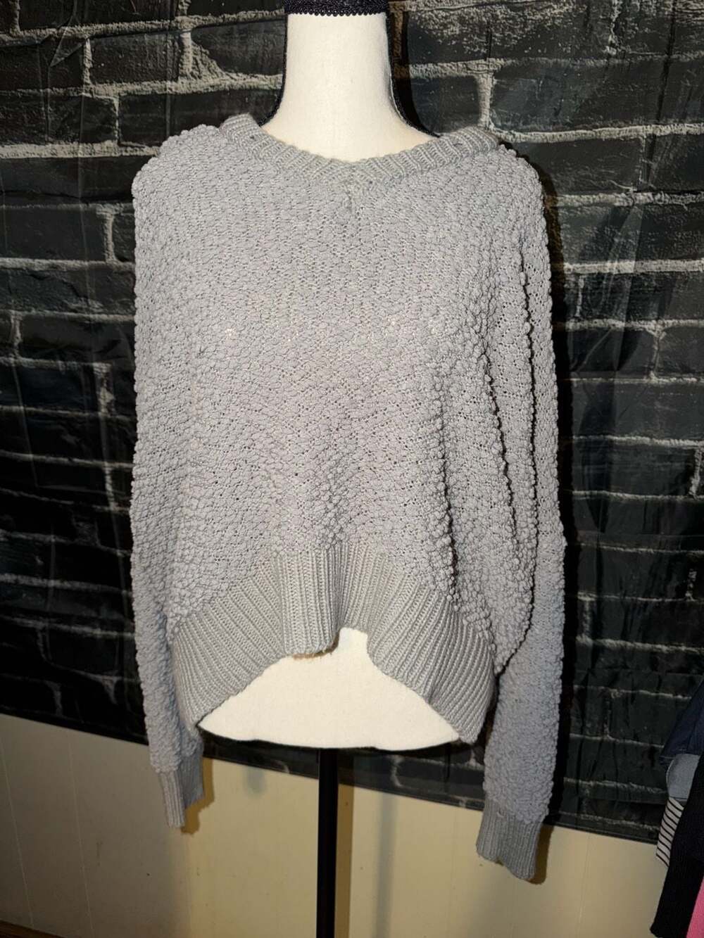 POL Women's Grey Hooded Chunky Popcorn Knit Pullover Sweater